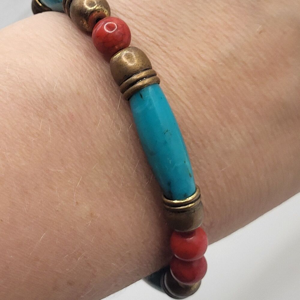 Talbots Native American Style Turquoise Red Brass Bracelet Bohemian 7.5in